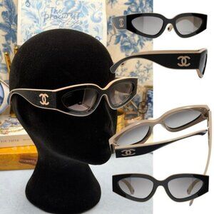 🆕 CHANEL 🧿 NWOT CH6056 Cat-Eye Frame Sunglasses, Black & Beige Acetate